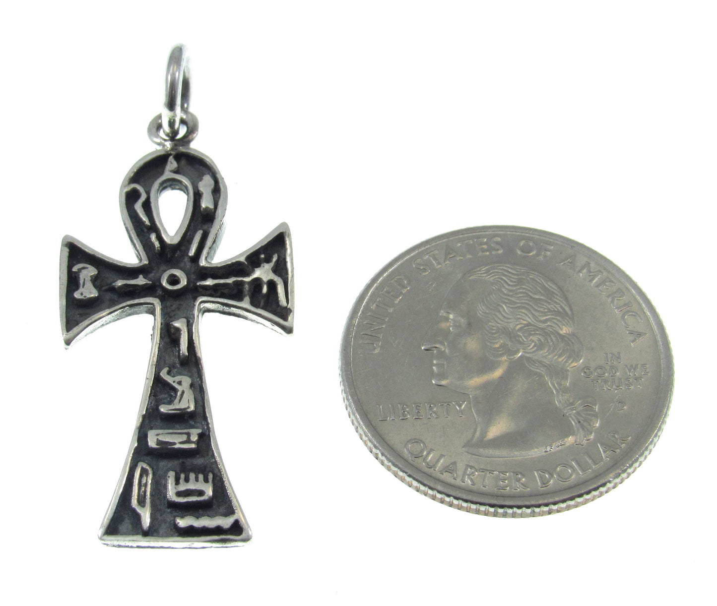 Solid 925 Sterling Silver Egyptian Ankh & Hieroglyphs Cross Pendant, Handcrafted Crux Ansata