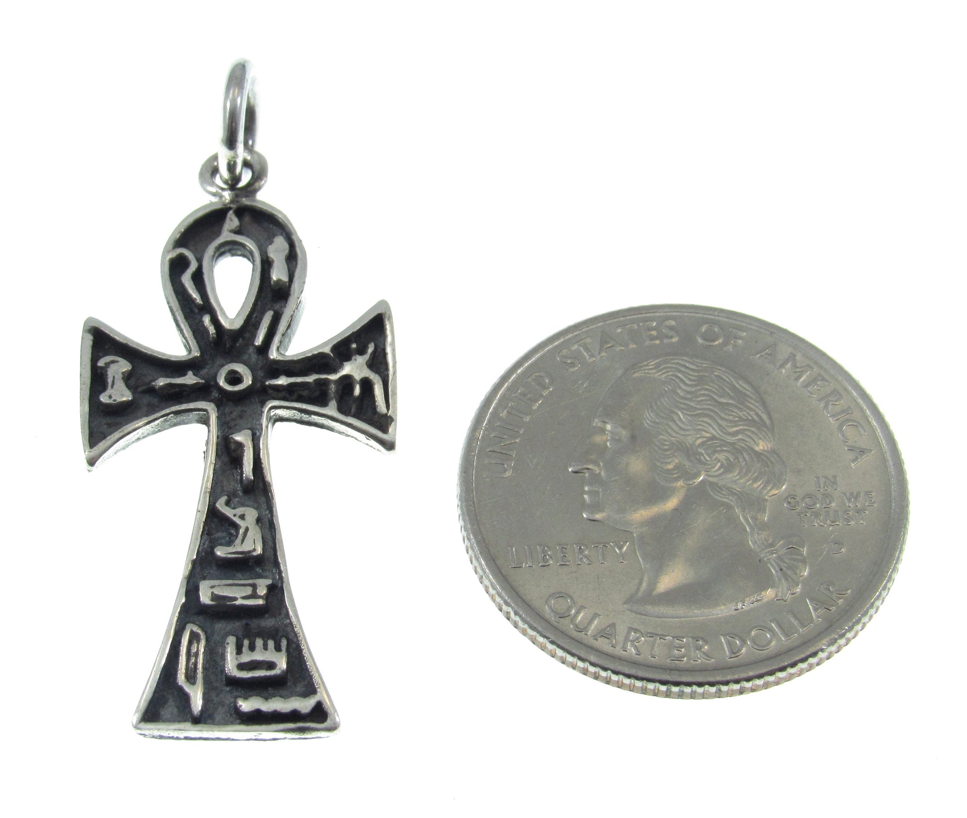 Solid 925 Sterling Silver Egyptian Ankh & Hieroglyphs Cross Pendant, Handcrafted Crux Ansata