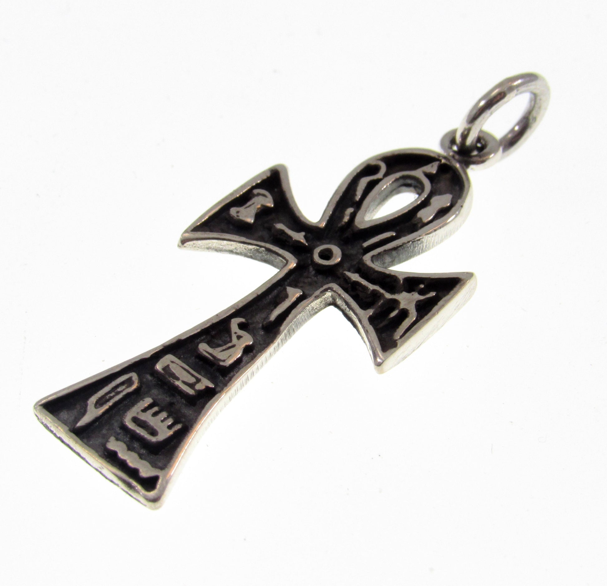 Solid 925 Sterling Silver Egyptian Ankh & Hieroglyphs Cross Pendant, Handcrafted Crux Ansata