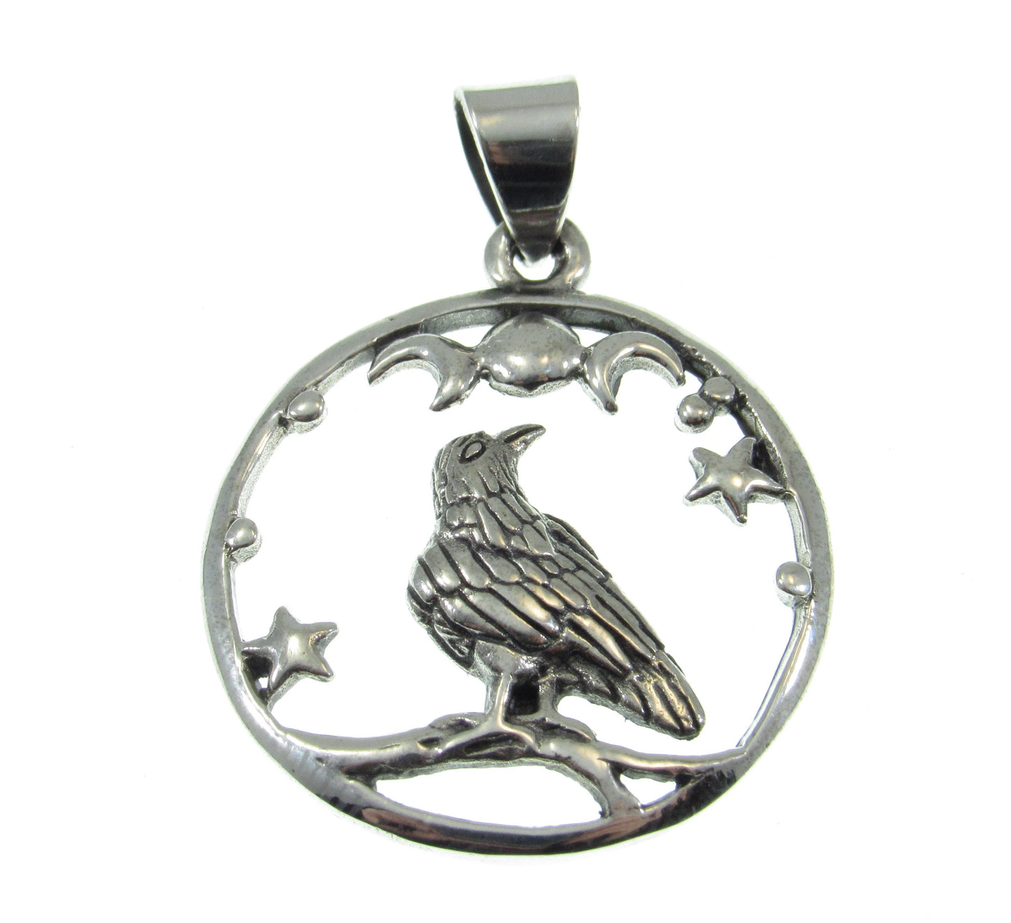 Solid 925 Sterling Silver Raven and Crescent Moon Pendant – Crow Totem with Stars – Witchy Gothic Bird Jewelry – Wiccan Pagan Necklace Charm