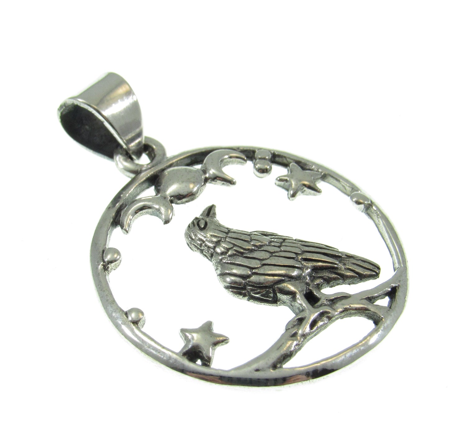 Solid 925 Sterling Silver Raven and Crescent Moon Pendant – Crow Totem with Stars – Witchy Gothic Bird Jewelry – Wiccan Pagan Necklace Charm