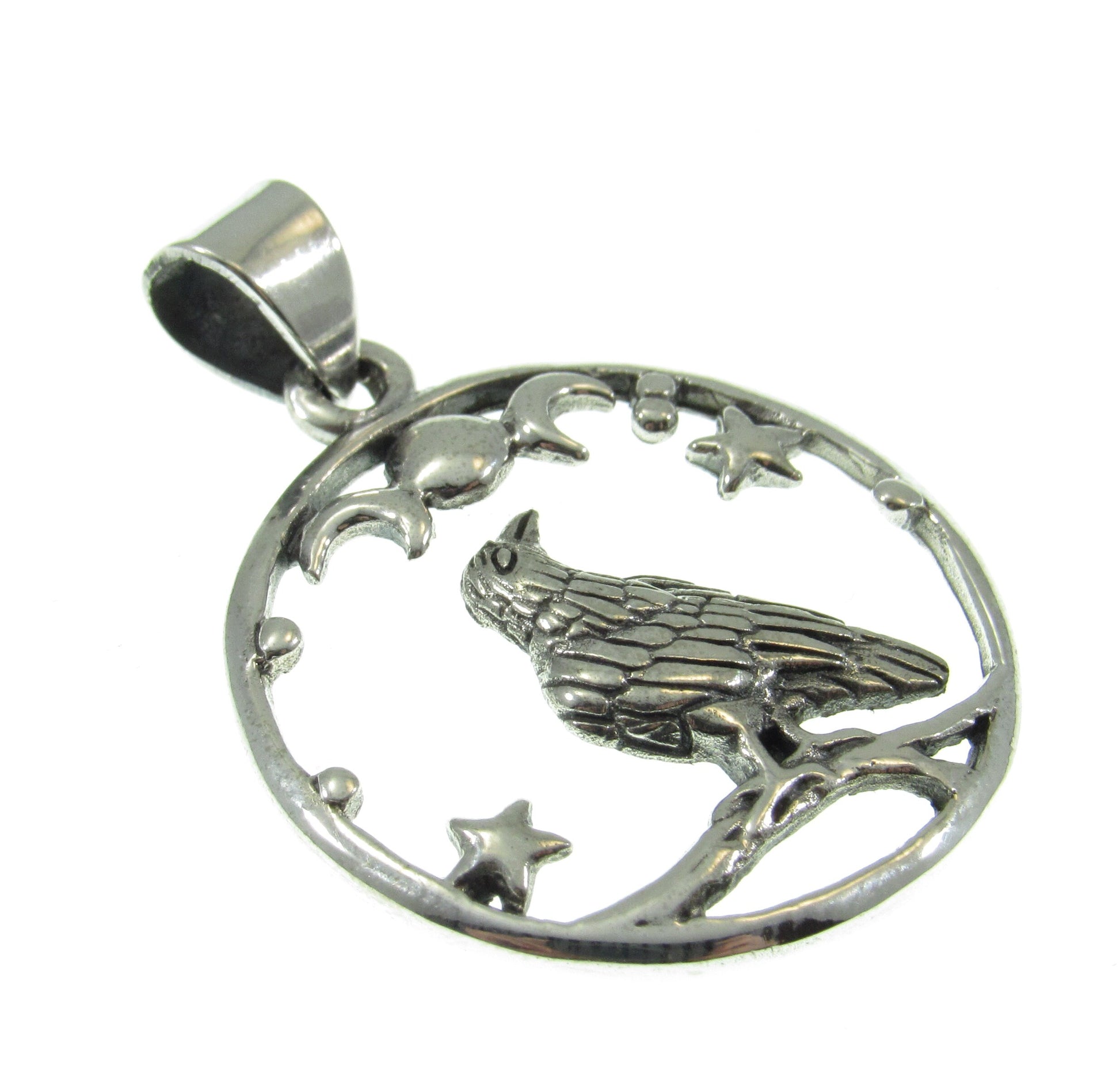 Solid 925 Sterling Silver Raven and Crescent Moon Pendant – Crow Totem with Stars – Witchy Gothic Bird Jewelry – Wiccan Pagan Necklace Charm