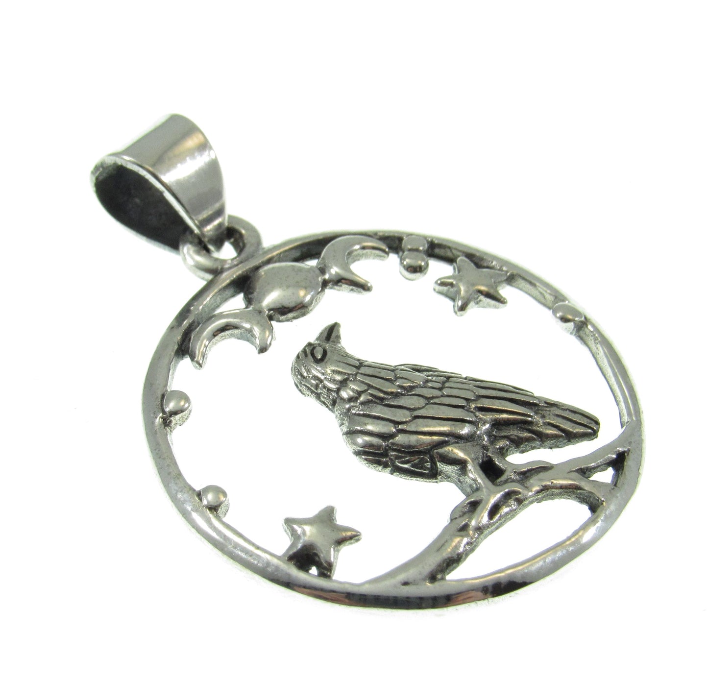 Solid 925 Sterling Silver Raven Moon and Stars Pendant, Gothic Celestial Crow Amulet