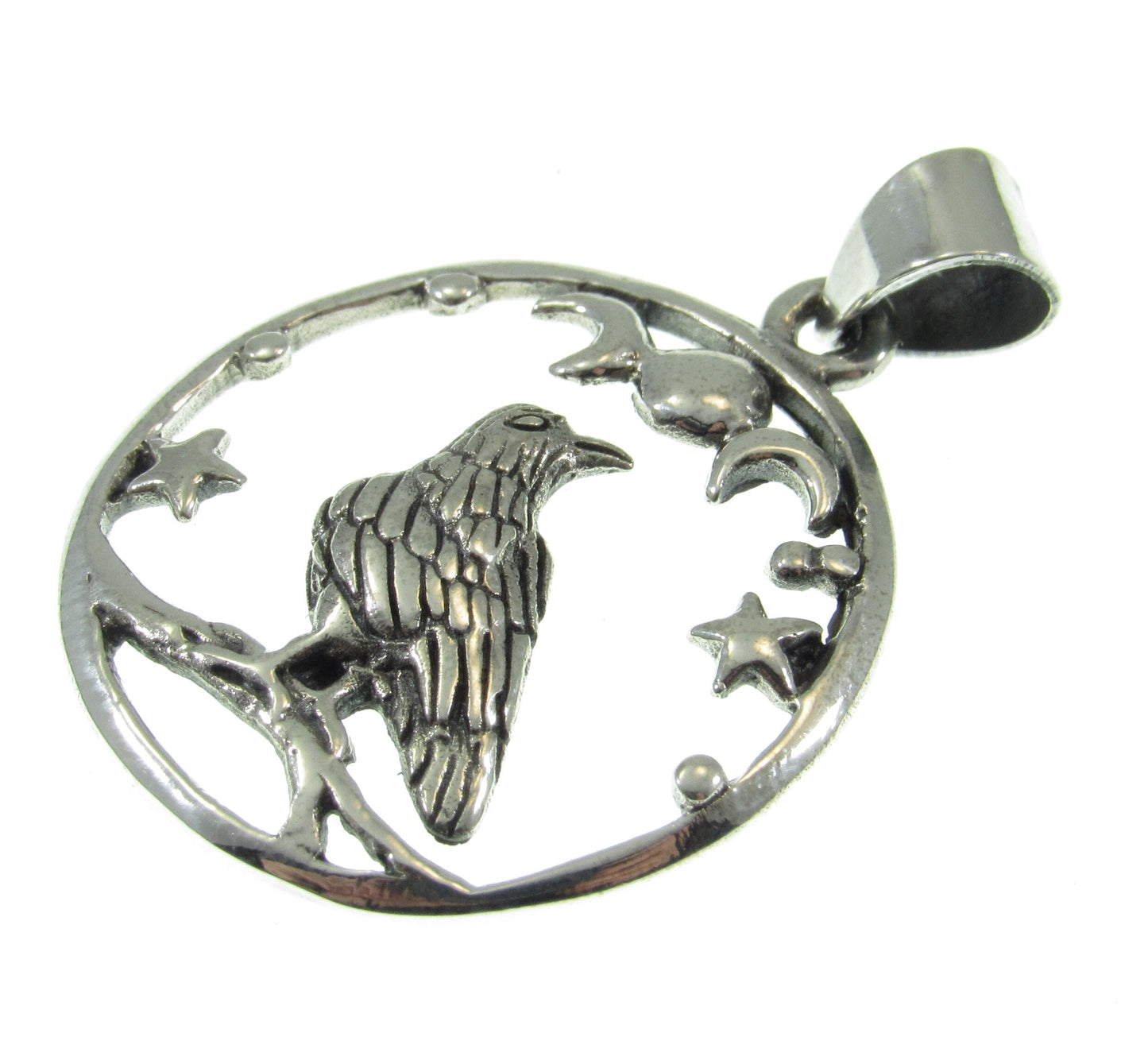 Solid 925 Sterling Silver Raven and Crescent Moon Pendant – Crow Totem with Stars – Witchy Gothic Bird Jewelry – Wiccan Pagan Necklace Charm