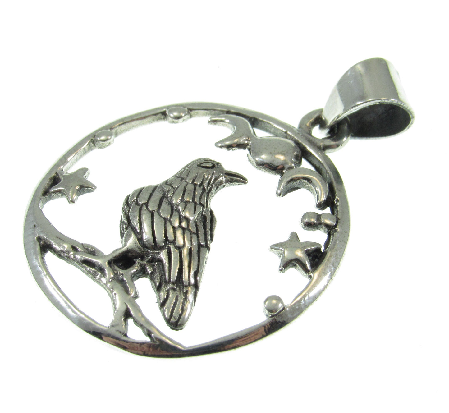 Solid 925 Sterling Silver Raven Moon and Stars Pendant, Gothic Celestial Crow Amulet