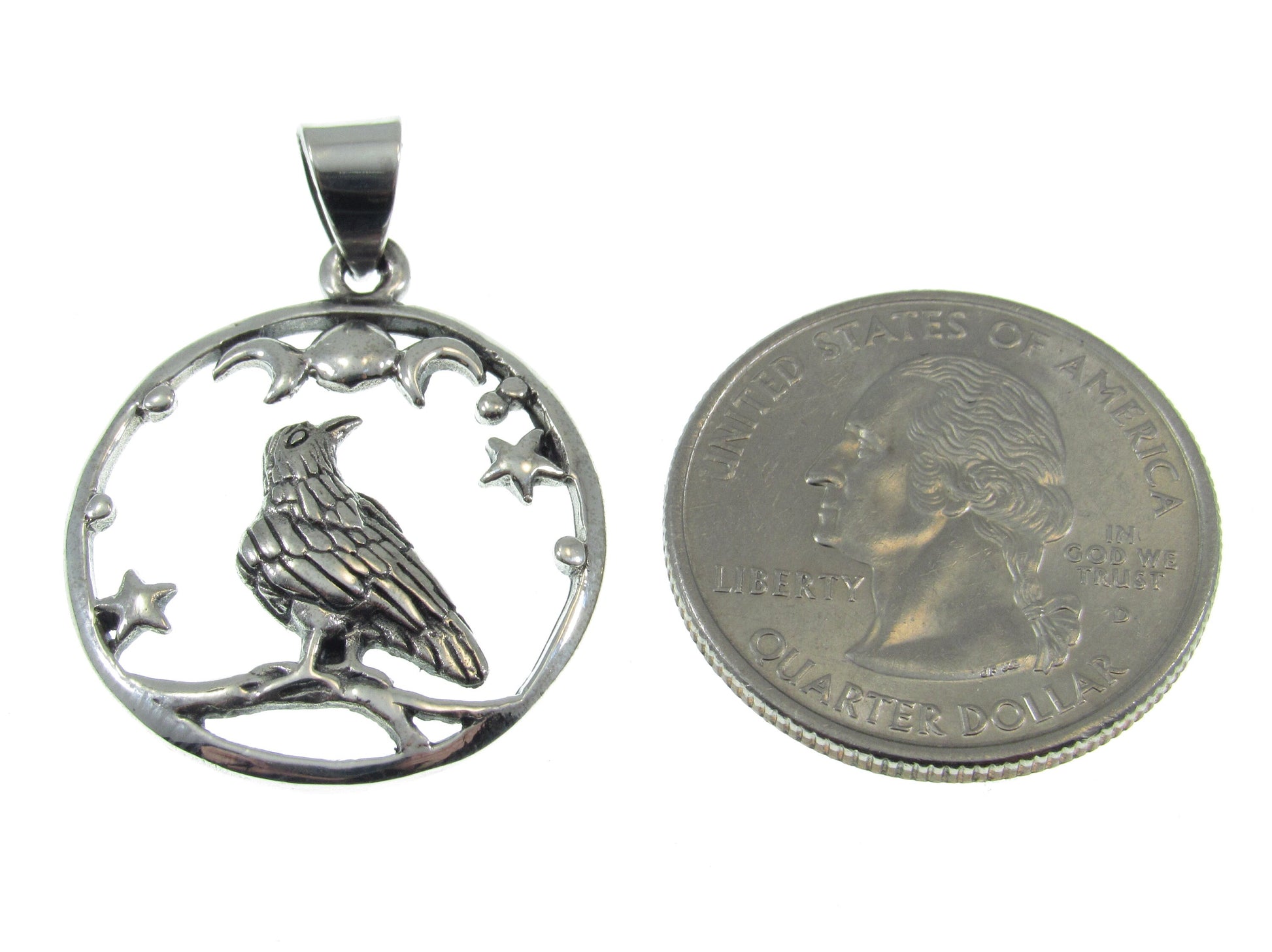 Solid 925 Sterling Silver Raven and Crescent Moon Pendant – Crow Totem with Stars – Witchy Gothic Bird Jewelry – Wiccan Pagan Necklace Charm