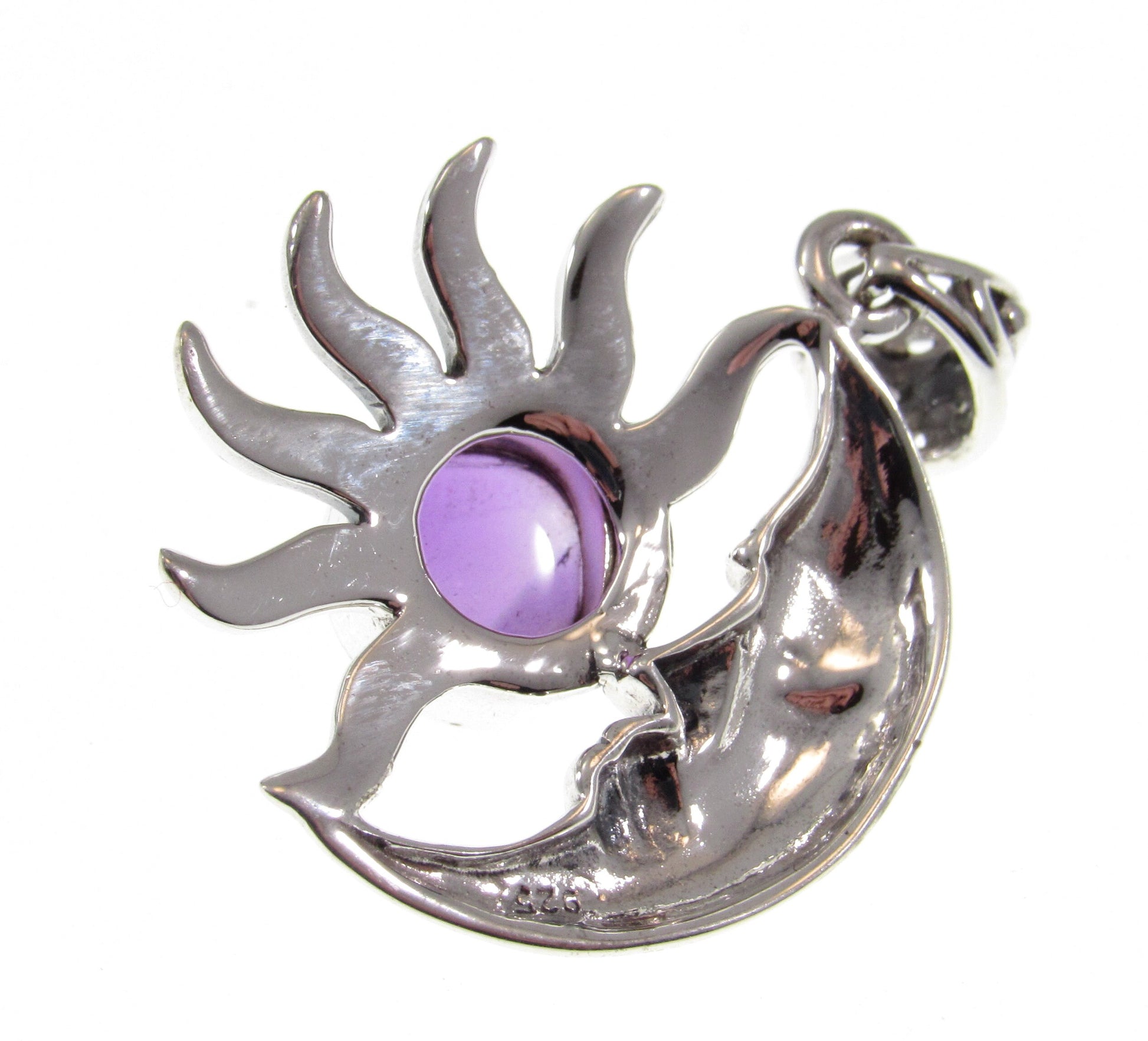 Solid 925 Sterling Silver Crescent Moon & Sun Pendant With Genuine Amethyst or Labradorite Gemstone