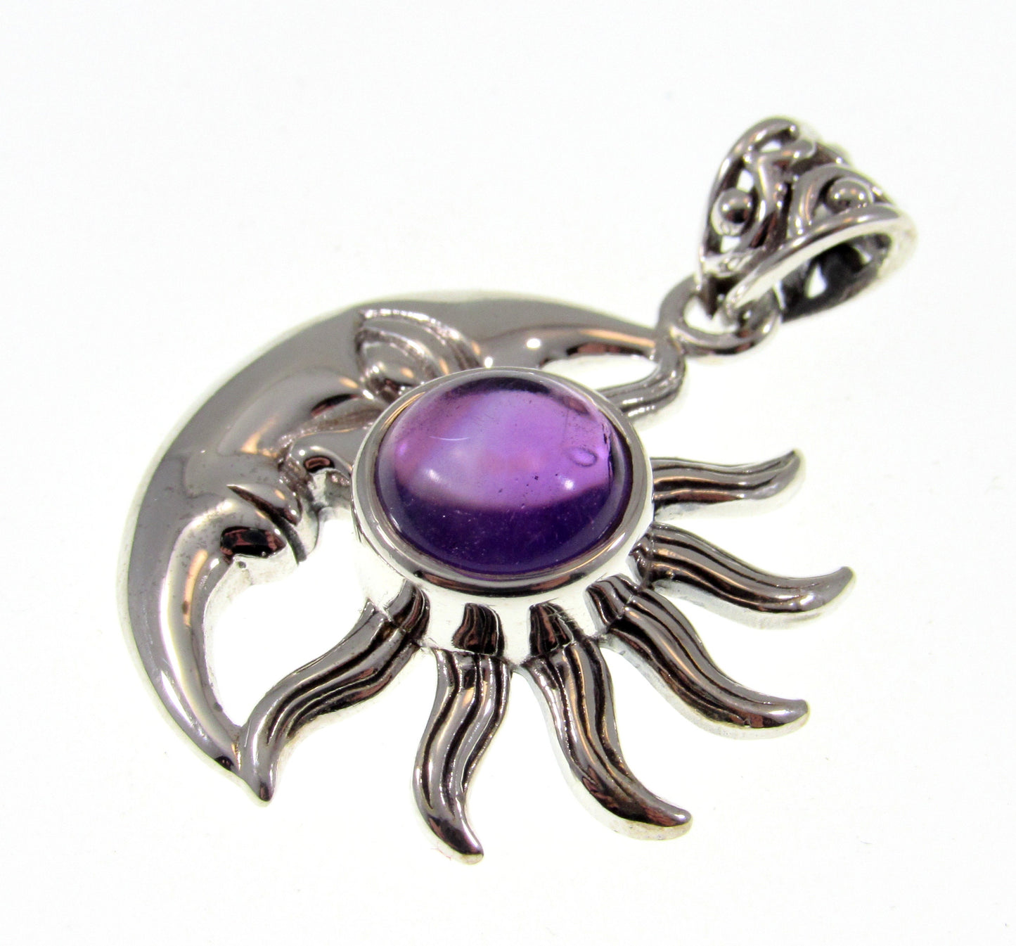 Solid 925 Sterling Silver Crescent Moon & Sun Pendant With Genuine Amethyst or Labradorite Gemstone