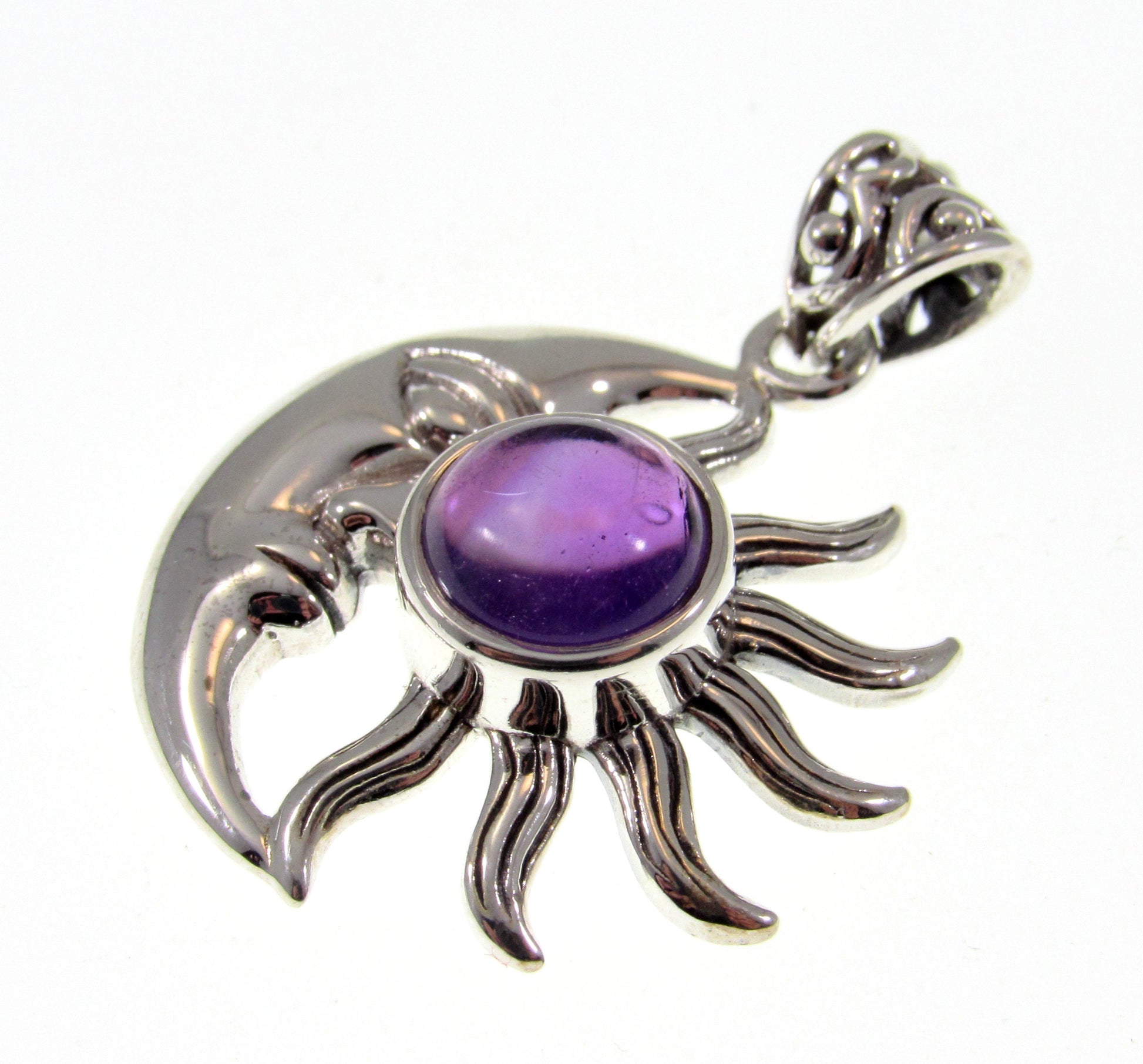 Solid 925 Sterling Silver Crescent Moon & Sun Pendant With Genuine Amethyst or Labradorite Gemstone