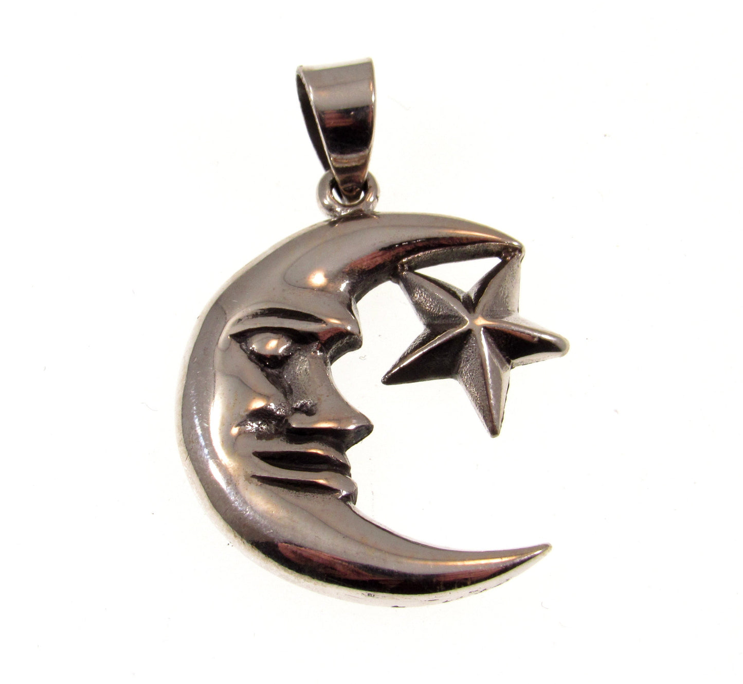 Solid 925 Sterling Silver Crescent Moon and 5 Pointed Star Cosmic Celestial Pendant