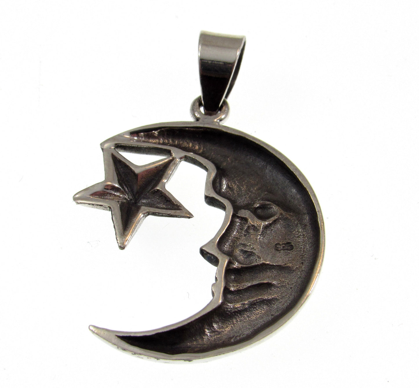 Solid 925 Sterling Silver Crescent Moon and 5 Pointed Star Cosmic Celestial Pendant