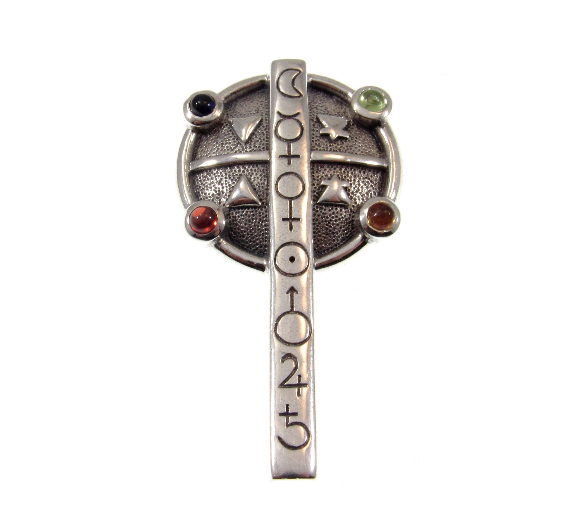 Solid 925 Sterling Silver Astrologer's Cross Pendant With Amethyst, Peridot, Garnet, and Amber Gemstones