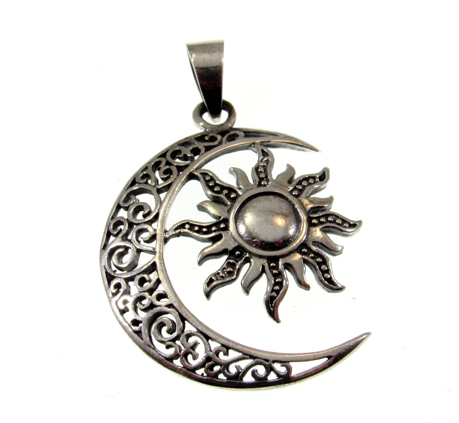 Solid 925 Sterling Silver Filigree Waxing Crescent Moon and Sun Pendant With Ornate Scrollwork