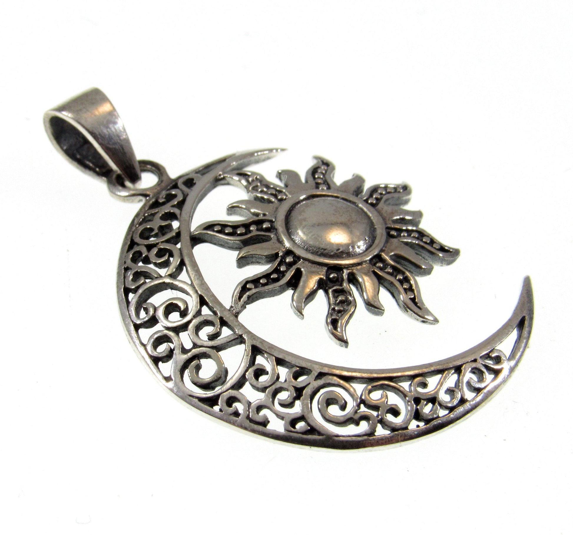Solid 925 Sterling Silver Filigree Waxing Crescent Moon and Sun Pendant With Ornate Scrollwork