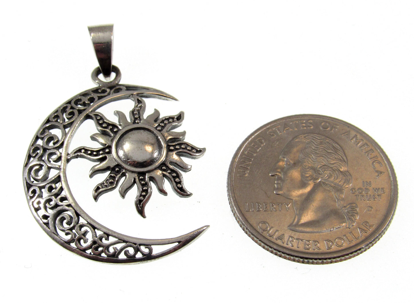 Solid 925 Sterling Silver Filigree Waxing Crescent Moon and Sun Pendant With Ornate Scrollwork