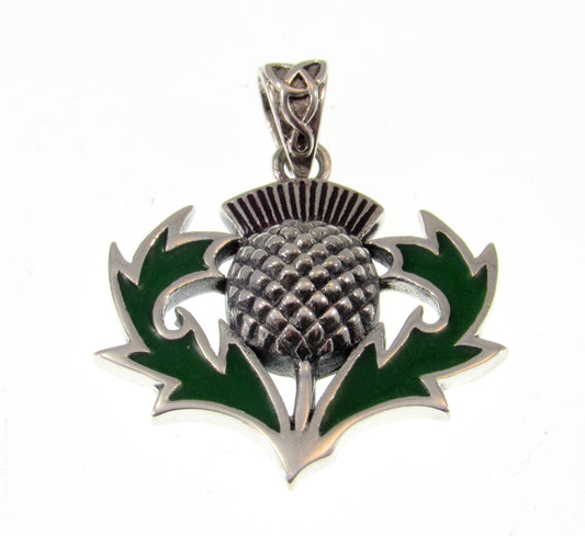 Solid 925 Sterling Silver Celtic Alba Thistle Pendant With Green Enamel