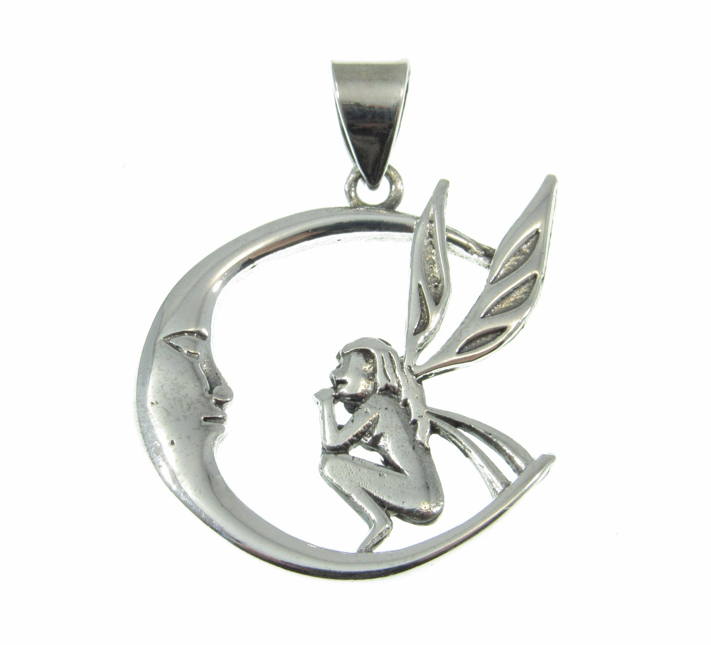 Solid 925 Sterling Silver Fairy Moon Pendant – Crescent Moon Necklace Charm, Fantasy Jewelry, Mystical Fairy Charm, Fairycore Amulet