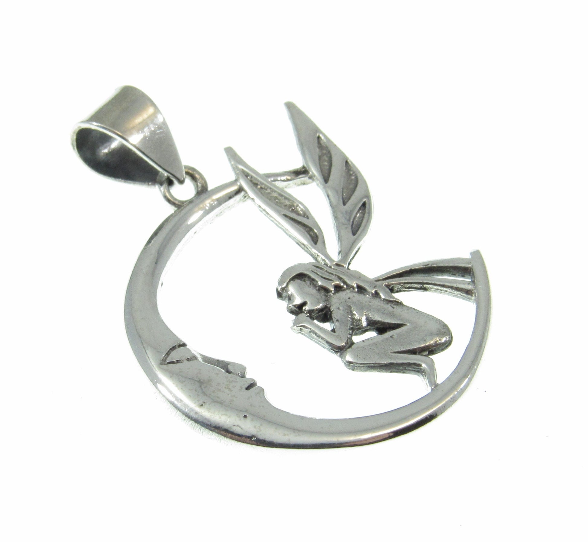 Solid 925 Sterling Silver Fairy Moon Pendant – Crescent Moon Necklace Charm, Fantasy Jewelry, Mystical Fairy Charm, Fairycore Amulet