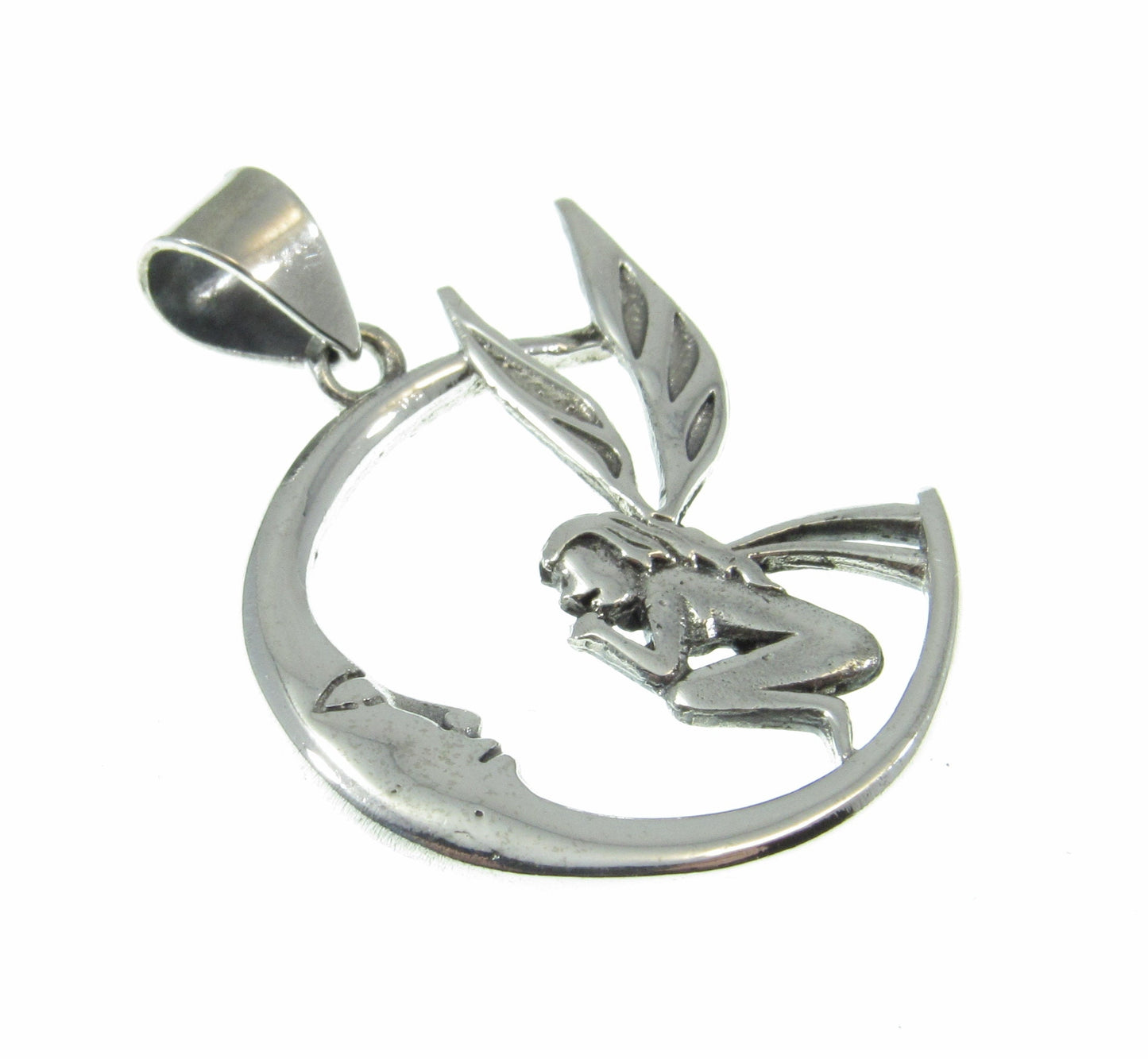Solid 925 Sterling Silver Fairy Moon Pendant, Crescent Moon Fairycore Amulet, Mystical Fantasy Jewelry
