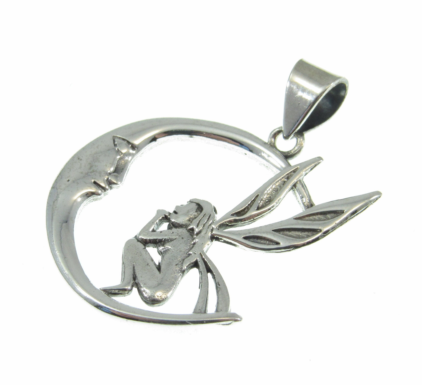 Solid 925 Sterling Silver Fairy Moon Pendant – Crescent Moon Necklace Charm, Fantasy Jewelry, Mystical Fairy Charm, Fairycore Amulet