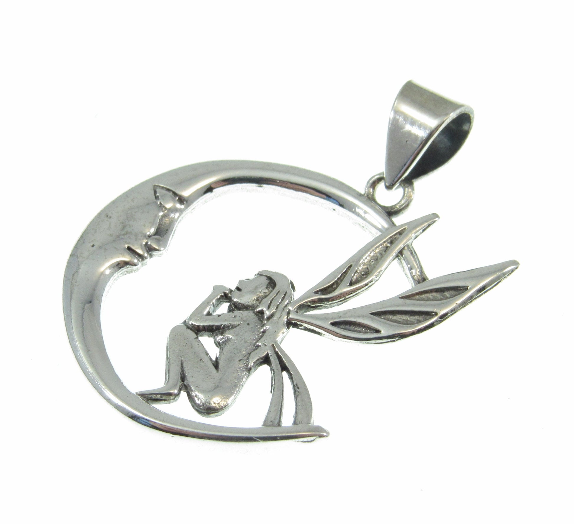 Solid 925 Sterling Silver Fairy Moon Pendant – Crescent Moon Necklace Charm, Fantasy Jewelry, Mystical Fairy Charm, Fairycore Amulet
