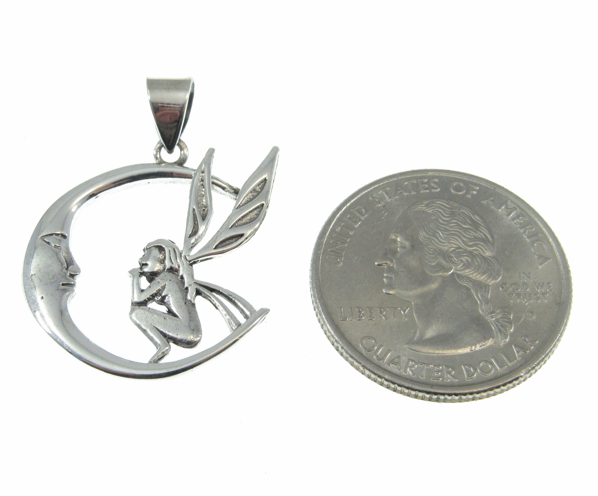 Solid 925 Sterling Silver Fairy Moon Pendant – Crescent Moon Necklace Charm, Fantasy Jewelry, Mystical Fairy Charm, Fairycore Amulet