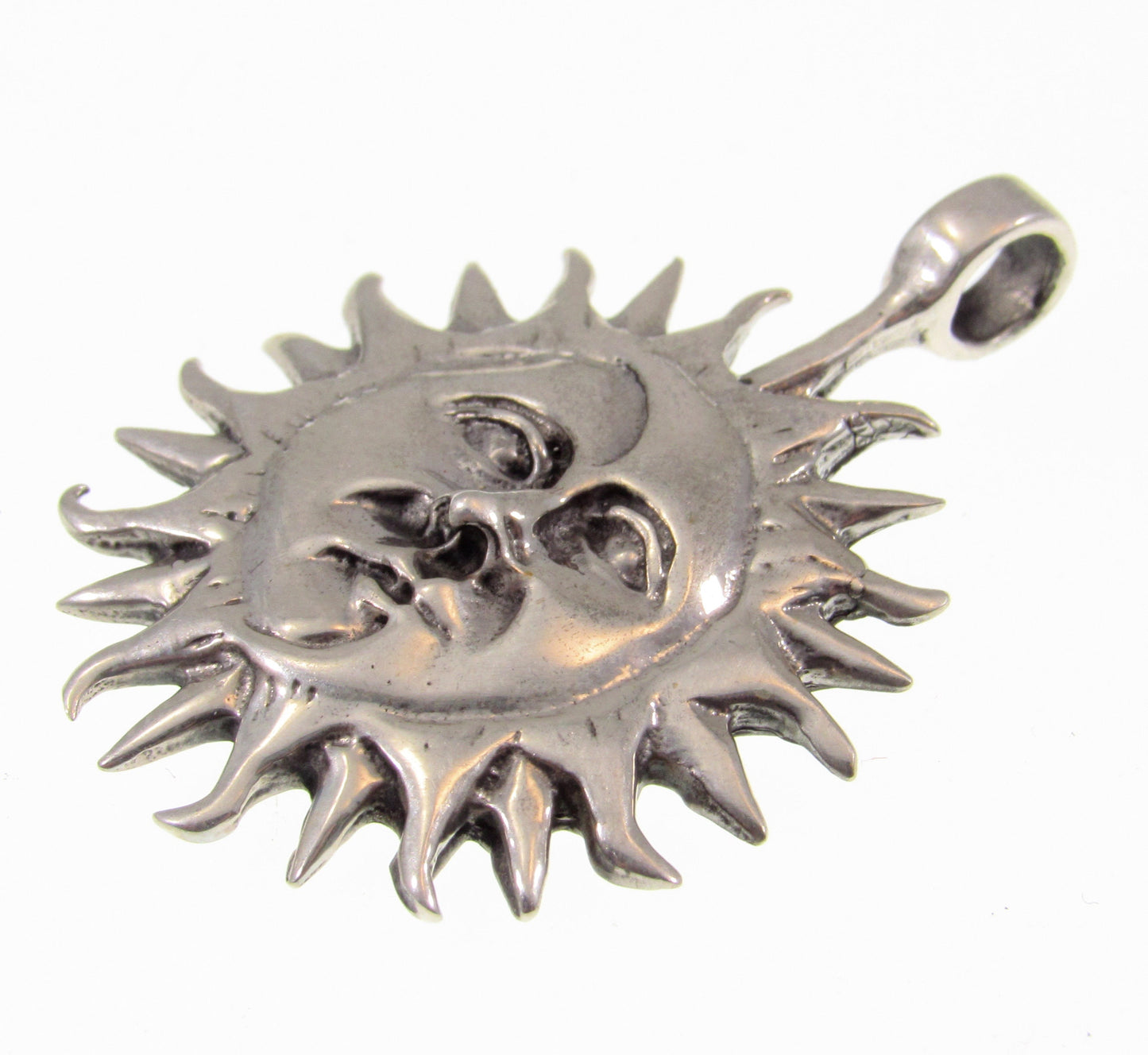 Solid 925 Sterling Silver Sun & Moon Faces Pendant – Celestial Necklace Amulet, Handcrafted Boho Sun Face Jewelry, Astrology Gift Idea