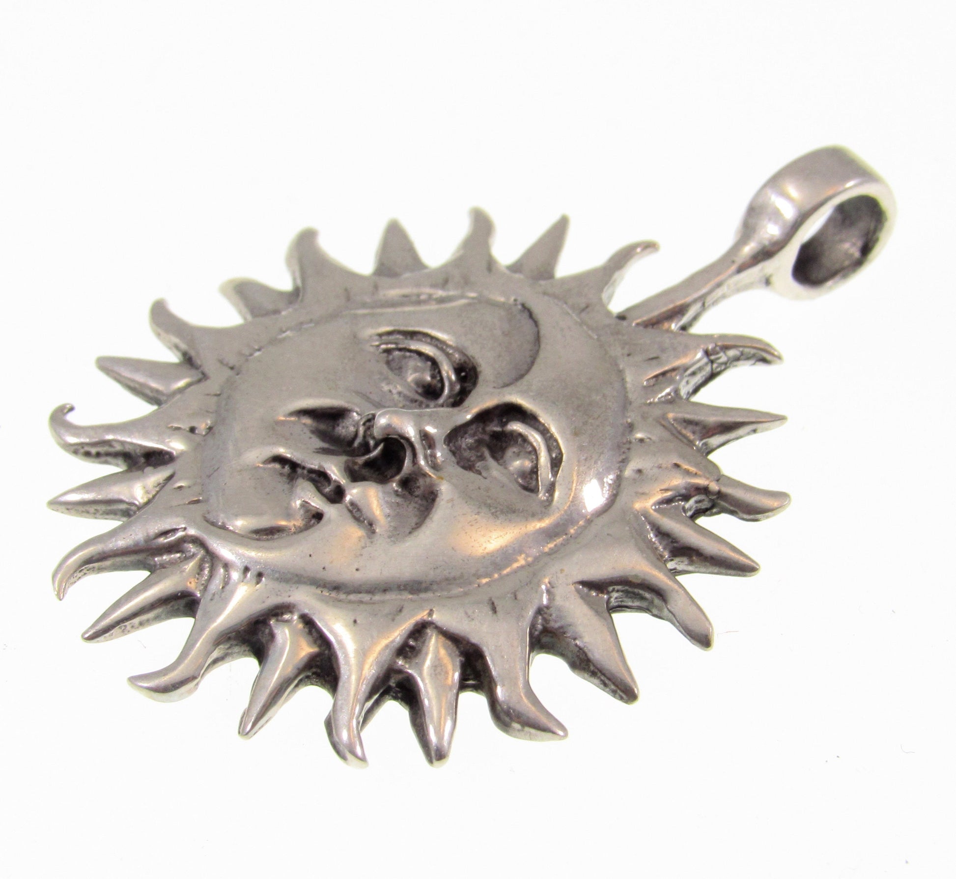 Solid 925 Sterling Silver Sun & Moon Faces Pendant – Celestial Necklace Amulet, Handcrafted Boho Sun Face Jewelry, Astrology Gift Idea