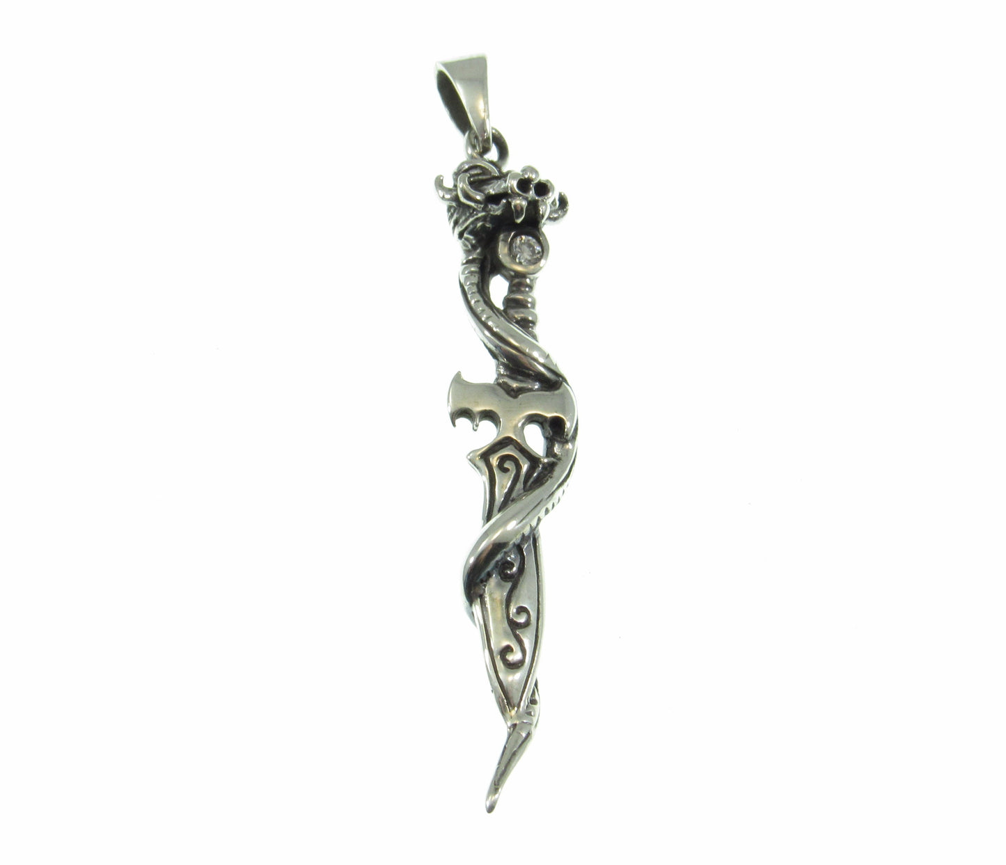 Solid 925 Sterling Silver Baphomet Sword Pagan Pendant, Intertwined Snake and Dagger, Occult Jewelry w/ White Cubic Zirconia CZ Gemstone