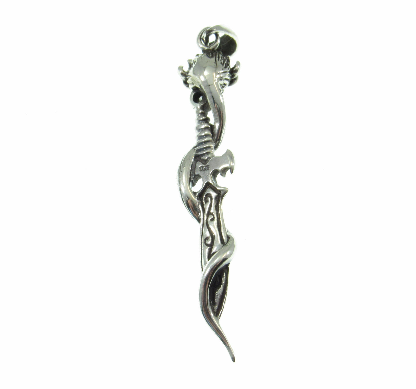 Solid 925 Sterling Silver Baphomet Sword Pagan Pendant, Intertwined Snake and Dagger, Occult Jewelry w/ White Cubic Zirconia CZ Gemstone