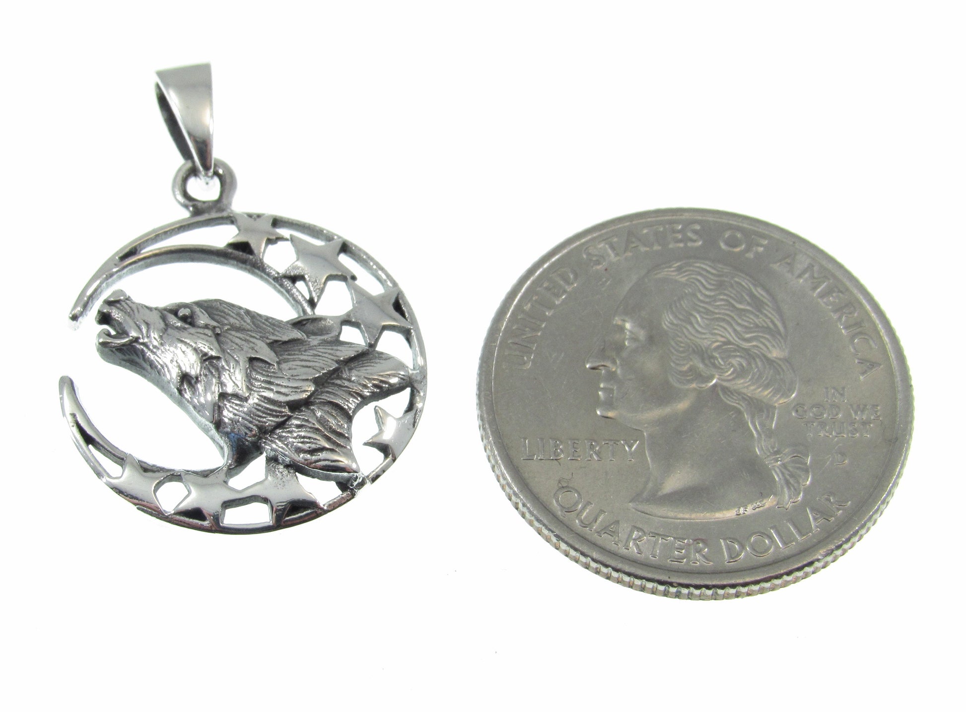 Solid 925 Sterling Silver Wolf Moon Pendant – Howling Wolf Necklace Charm, Spirit Animal Jewelry, Moon and Stars Amulet, Celestial Talisman