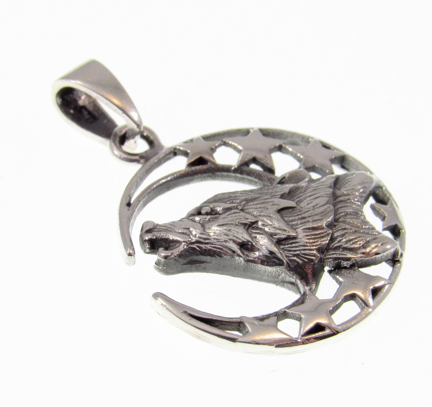Solid 925 Sterling Silver Wolf Moon Pendant – Howling Wolf Necklace Charm, Spirit Animal Jewelry, Moon and Stars Amulet, Celestial Talisman