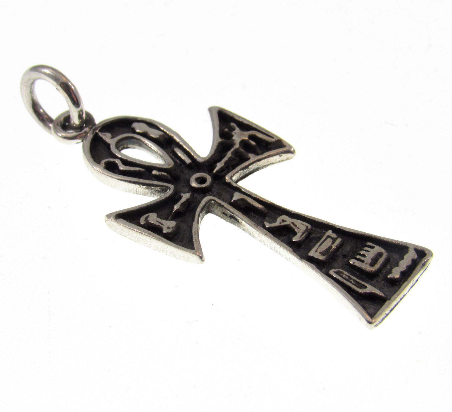 Solid 925 Sterling Silver Egyptian Ankh & Hieroglyphs Cross Pendant, Handcrafted Crux Ansata