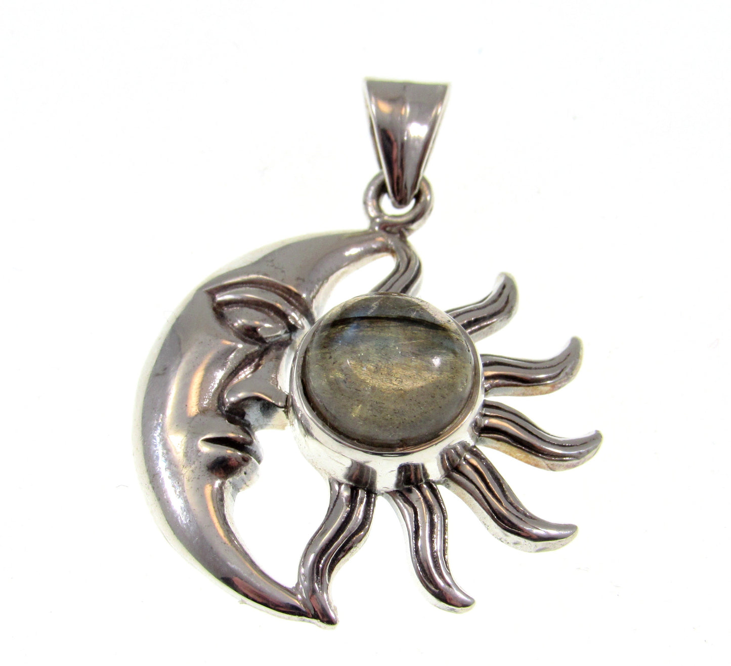 Solid 925 Sterling Silver Crescent Moon & Sun Pendant With Genuine Amethyst or Labradorite Gemstone