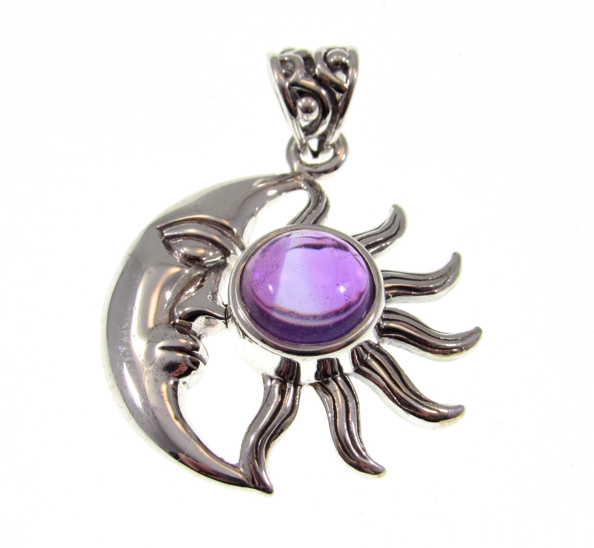 Solid 925 Sterling Silver Crescent Moon & Sun Pendant With Genuine Amethyst or Labradorite Gemstone
