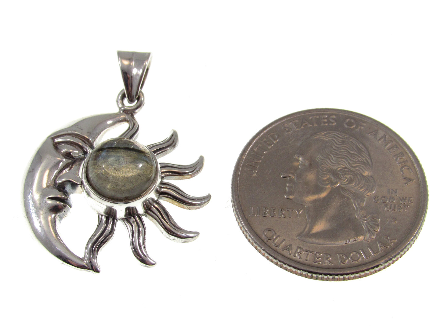 Solid 925 Sterling Silver Crescent Moon & Sun Pendant With Genuine Amethyst or Labradorite Gemstone