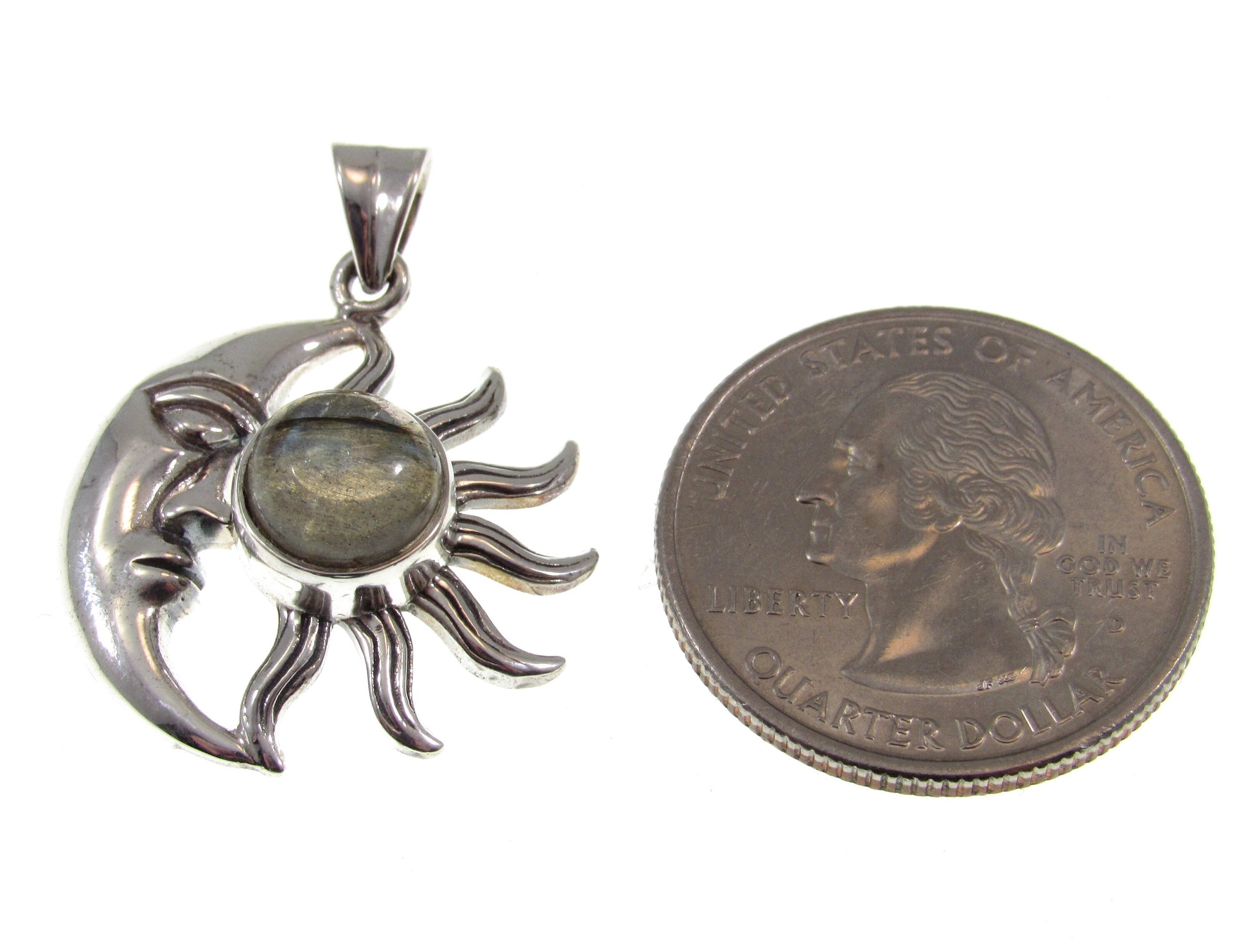 Solid 925 Sterling Silver Crescent Moon & Sun Pendant With Genuine Amethyst or Labradorite Gemstone