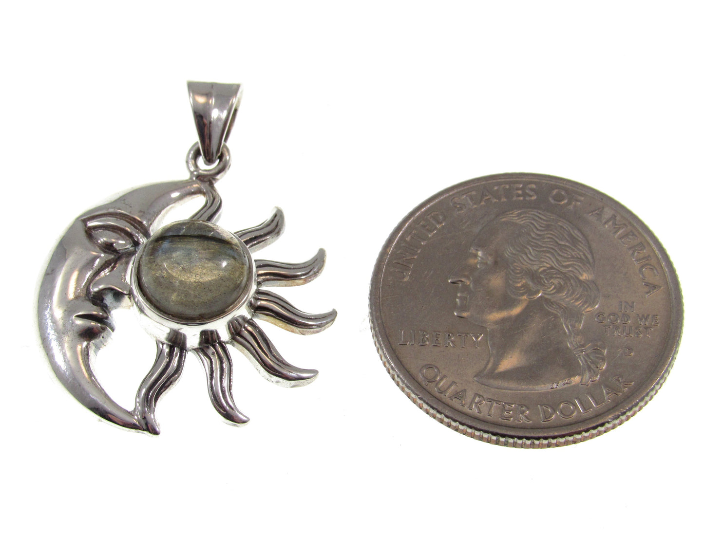 Solid 925 Sterling Silver Crescent Moon & Sun Pendant With Genuine Amethyst or Labradorite Gemstone