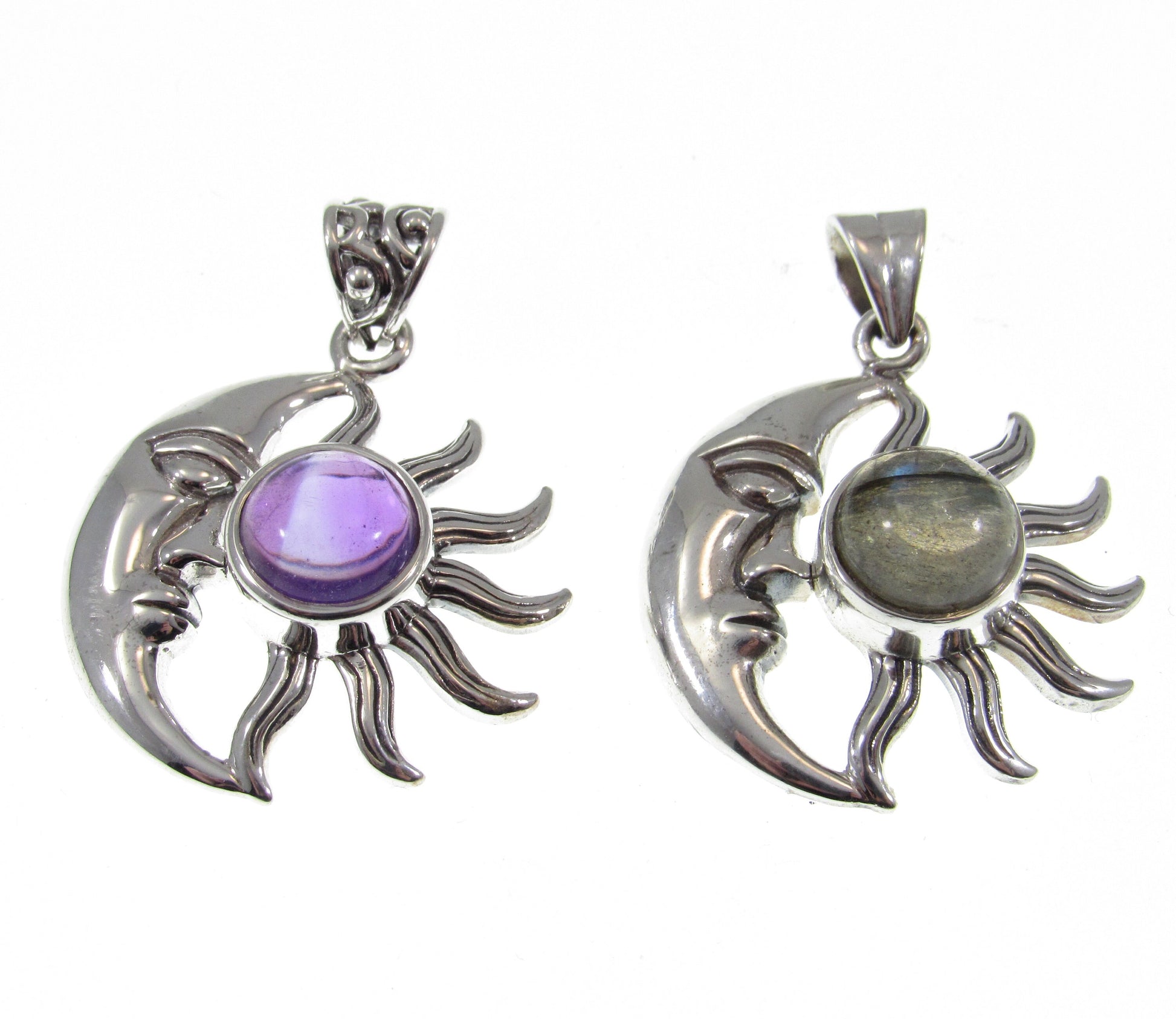 Solid 925 Sterling Silver Crescent Moon & Sun Pendant With Genuine Amethyst or Labradorite Gemstone