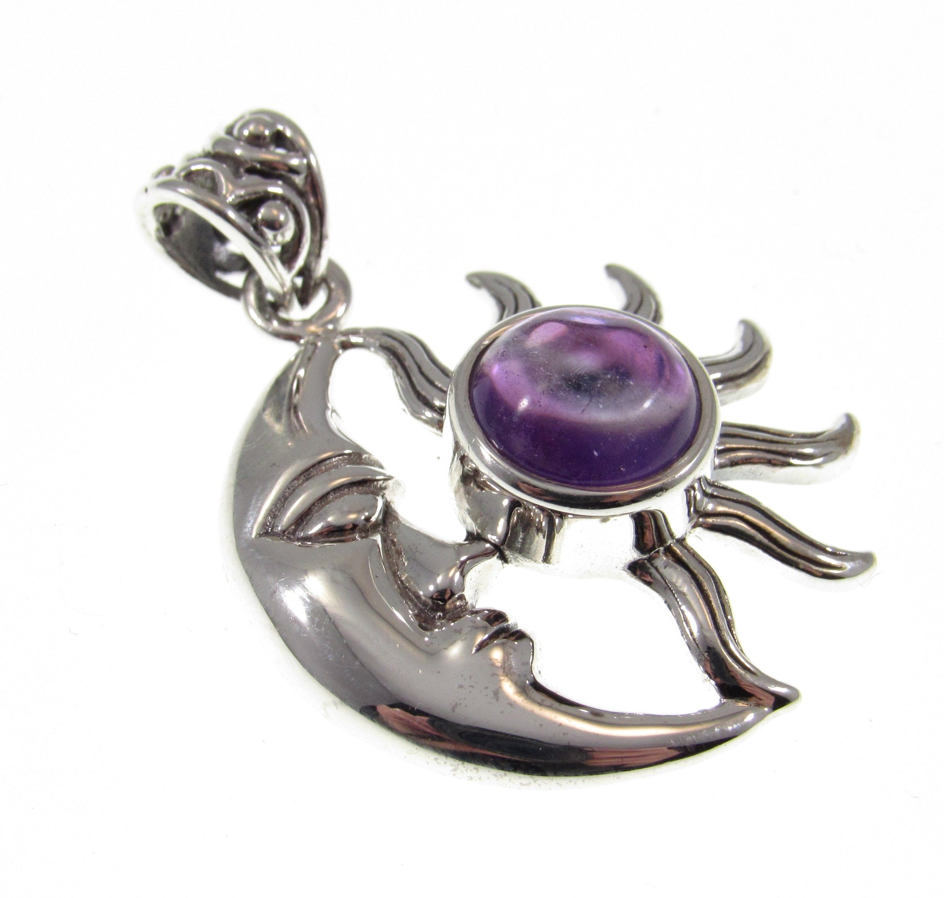 Solid 925 Sterling Silver Crescent Moon & Sun Pendant With Genuine Amethyst or Labradorite Gemstone