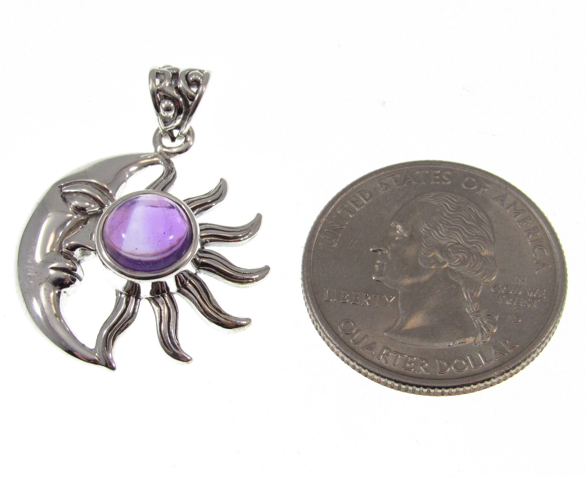 Solid 925 Sterling Silver Crescent Moon & Sun Pendant With Genuine Amethyst or Labradorite Gemstone