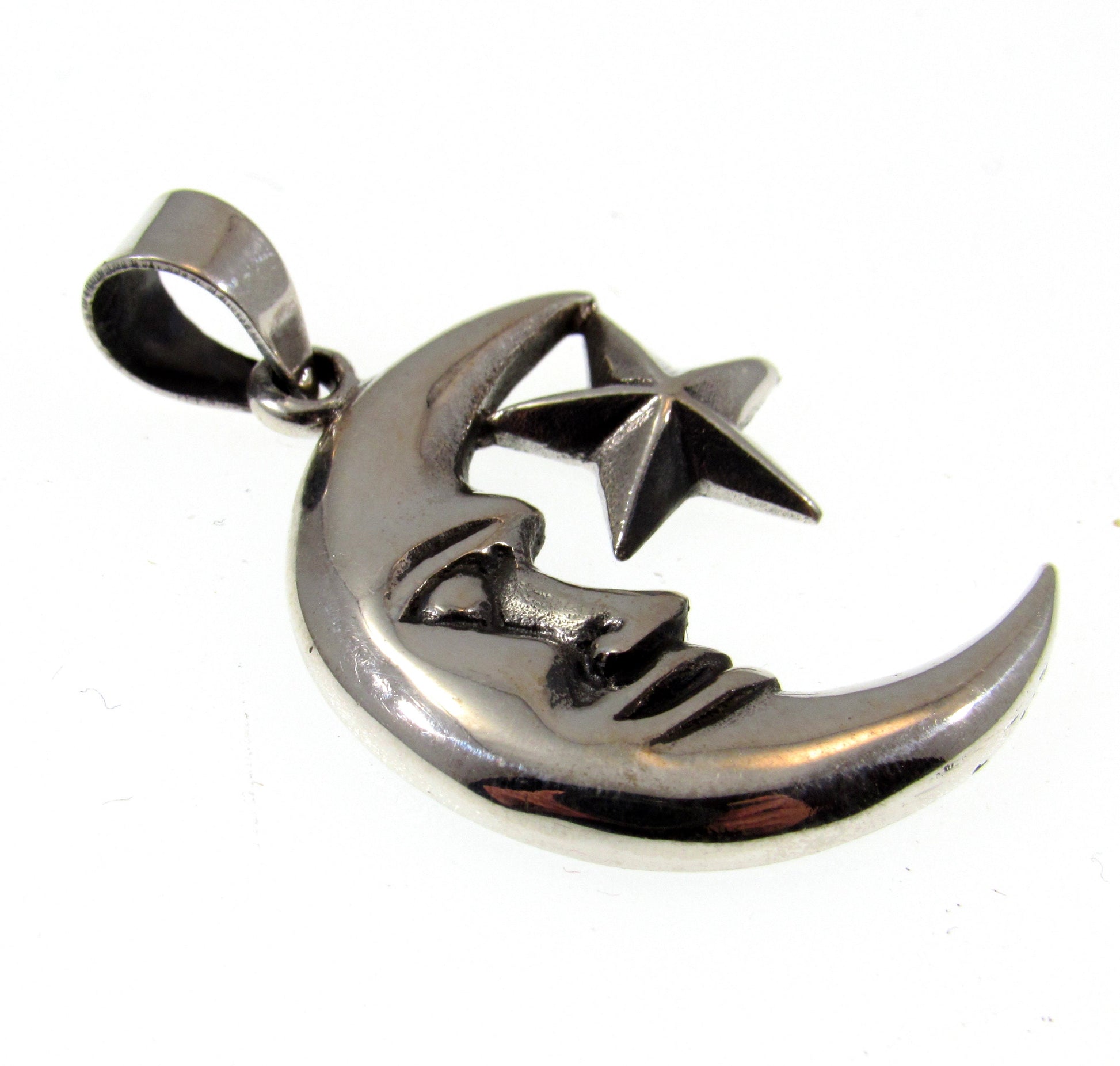 Solid 925 Sterling Silver Crescent Moon and 5 Pointed Star Cosmic Celestial Pendant