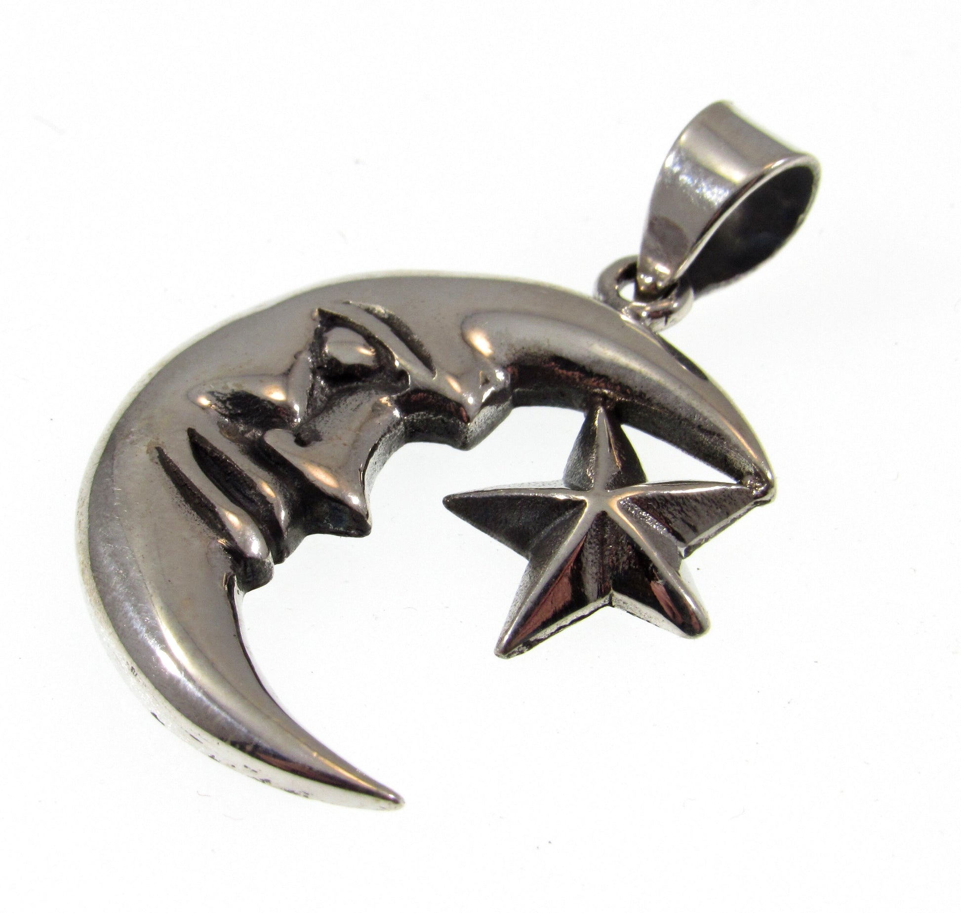 Solid 925 Sterling Silver Crescent Moon and 5 Pointed Star Cosmic Celestial Pendant