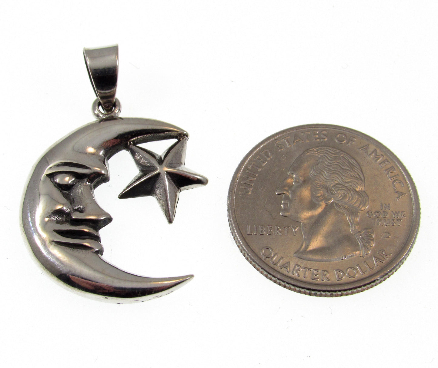 Solid 925 Sterling Silver Crescent Moon and 5 Pointed Star Cosmic Celestial Pendant