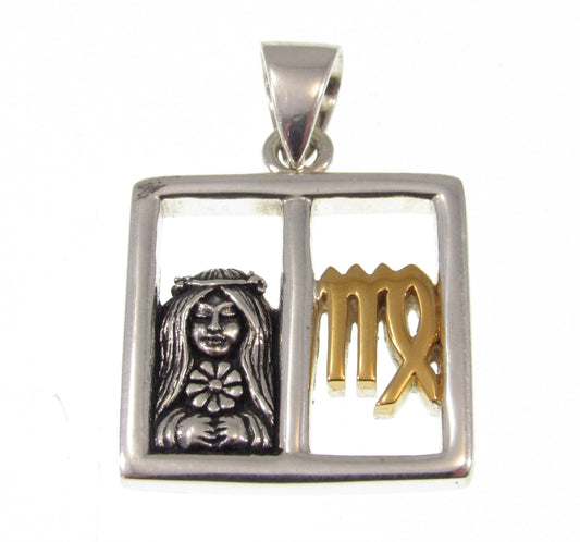 Solid 925 Sterling Silver Virgo Zodiac Symbol Pendant With 14K Gold Accents, Maiden Astraea and M Sign
