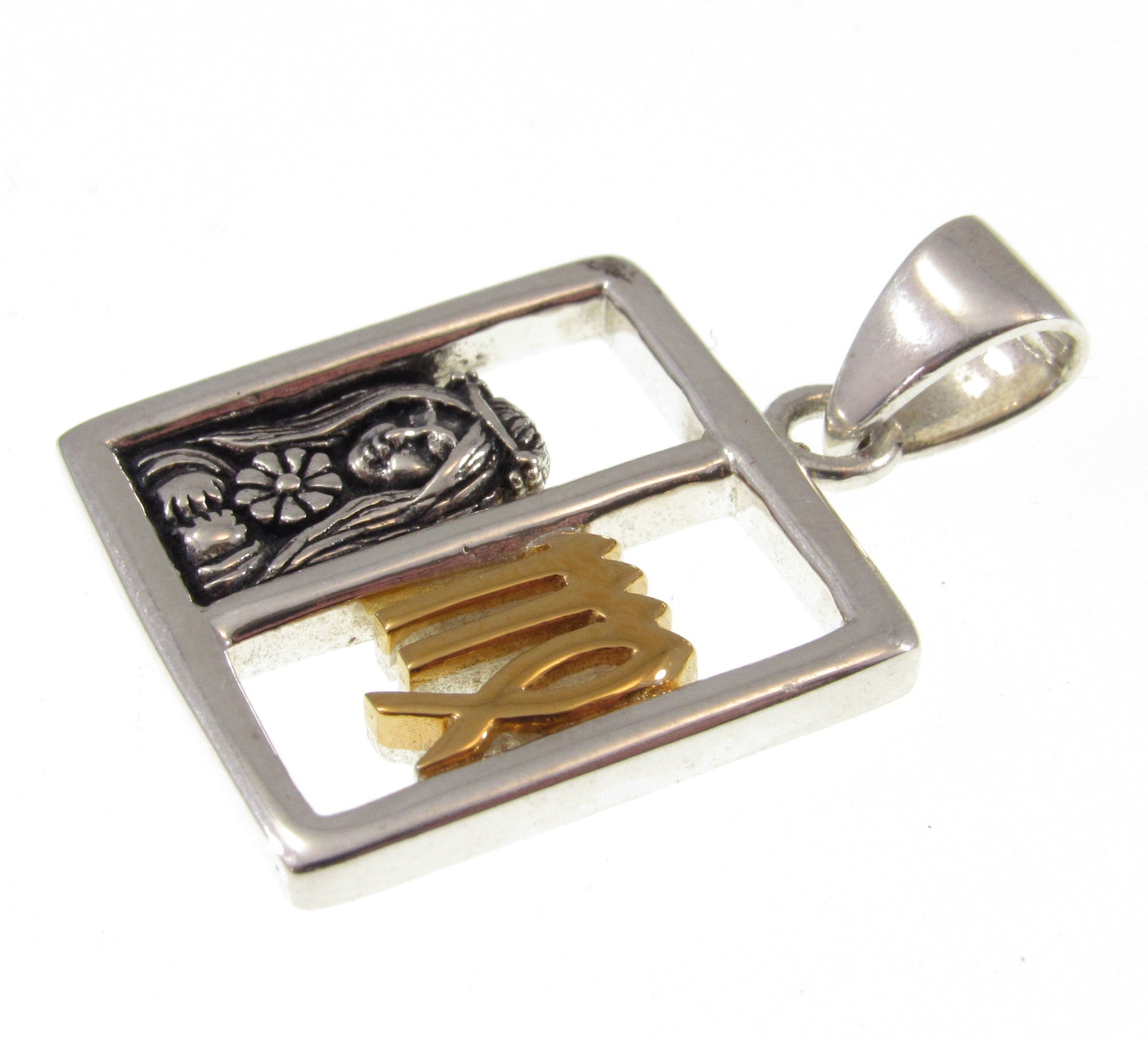 Solid 925 Sterling Silver Virgo Zodiac Symbol Pendant With 14K Gold Accents, Maiden Astraea and M Sign