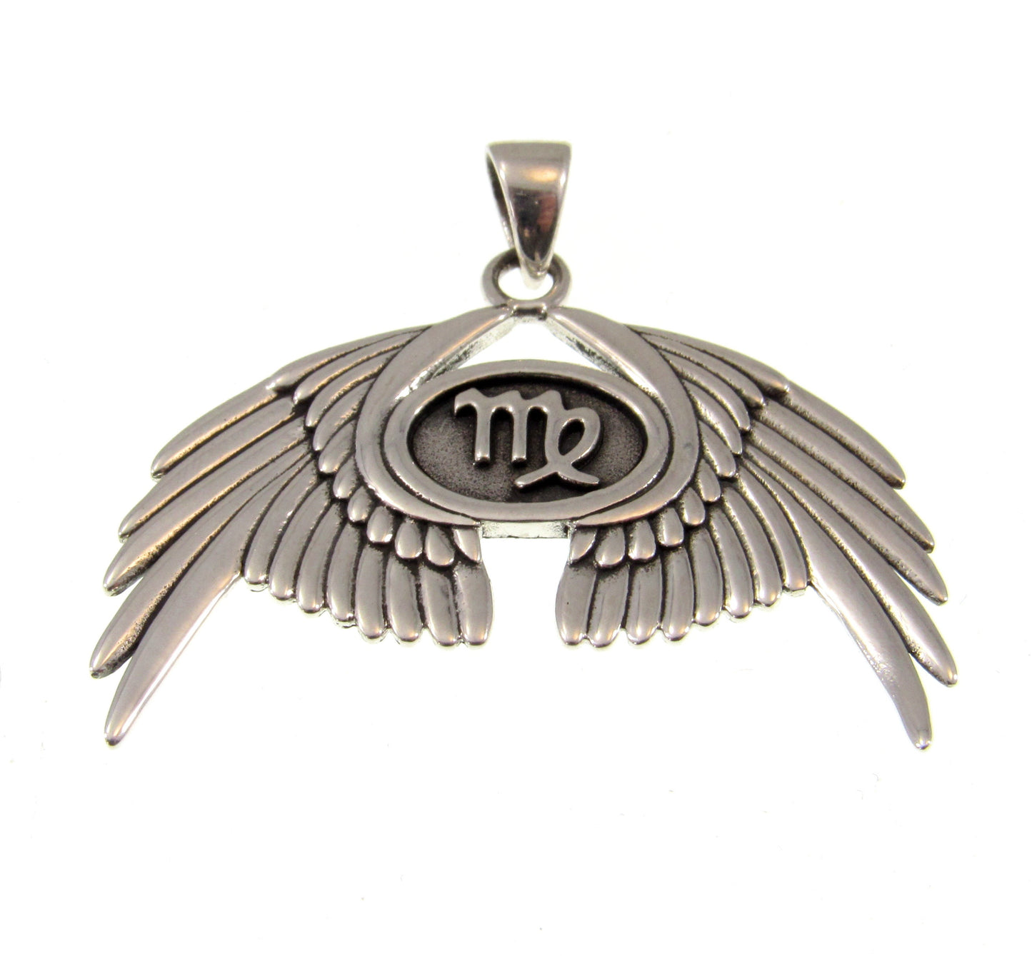 Solid 925 Sterling Silver Guardian Angel Wings With Virgo Zodiac Symbol Pendant, Angelic Protection Amulet