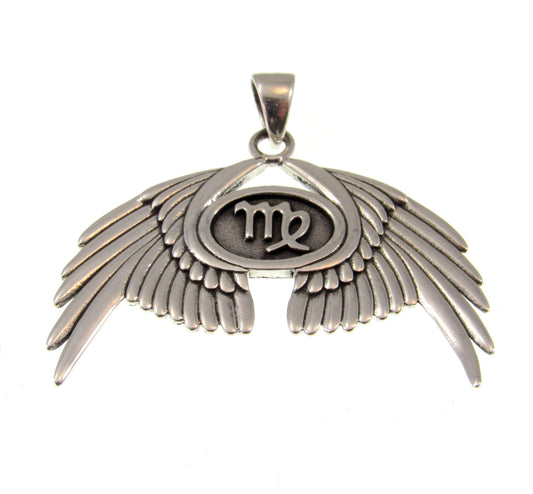 Solid 925 Sterling Silver Guardian Angel Wings With Virgo Zodiac Symbol Pendant, Angelic Protection Amulet
