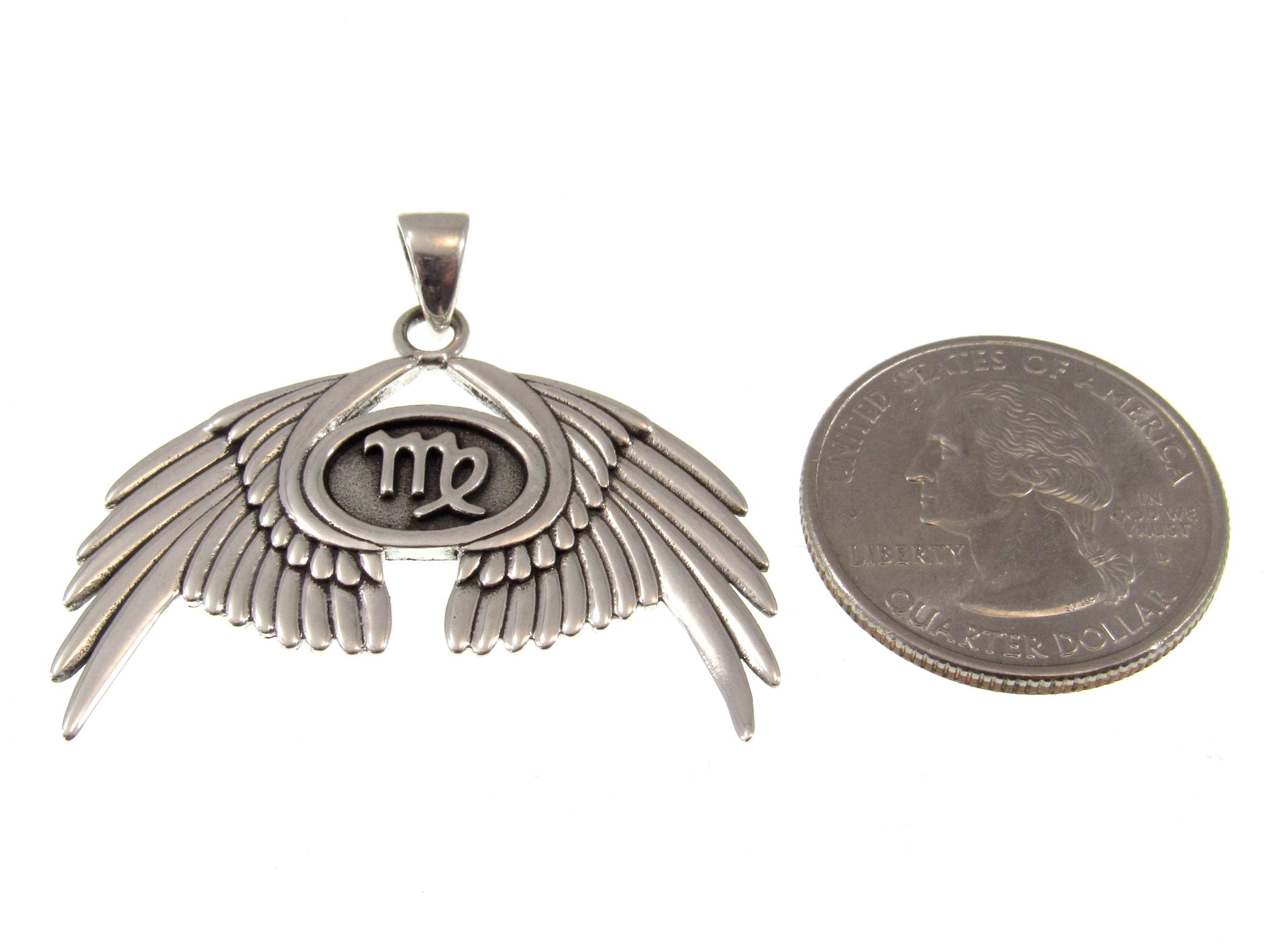 Solid 925 Sterling Silver Guardian Angel Wings With Virgo Zodiac Symbol Pendant, Angelic Protection Amulet