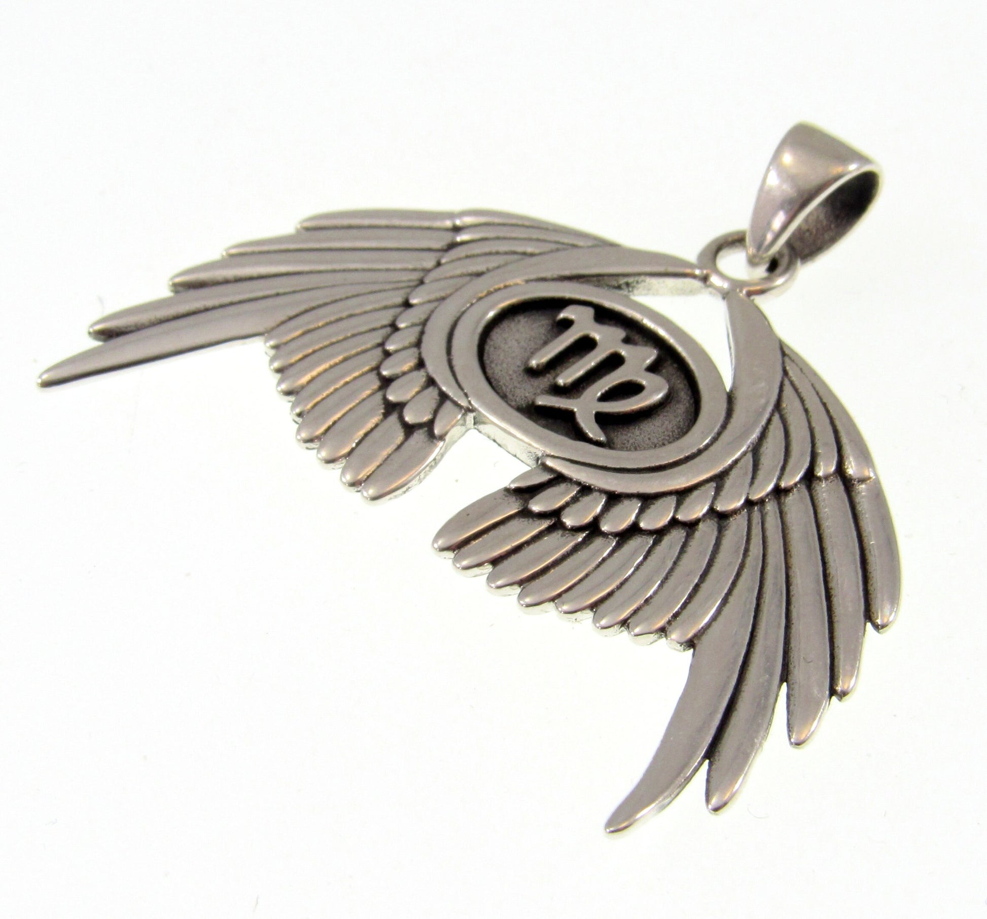 Solid 925 Sterling Silver Guardian Angel Wings With Virgo Zodiac Symbol Pendant, Angelic Protection Amulet